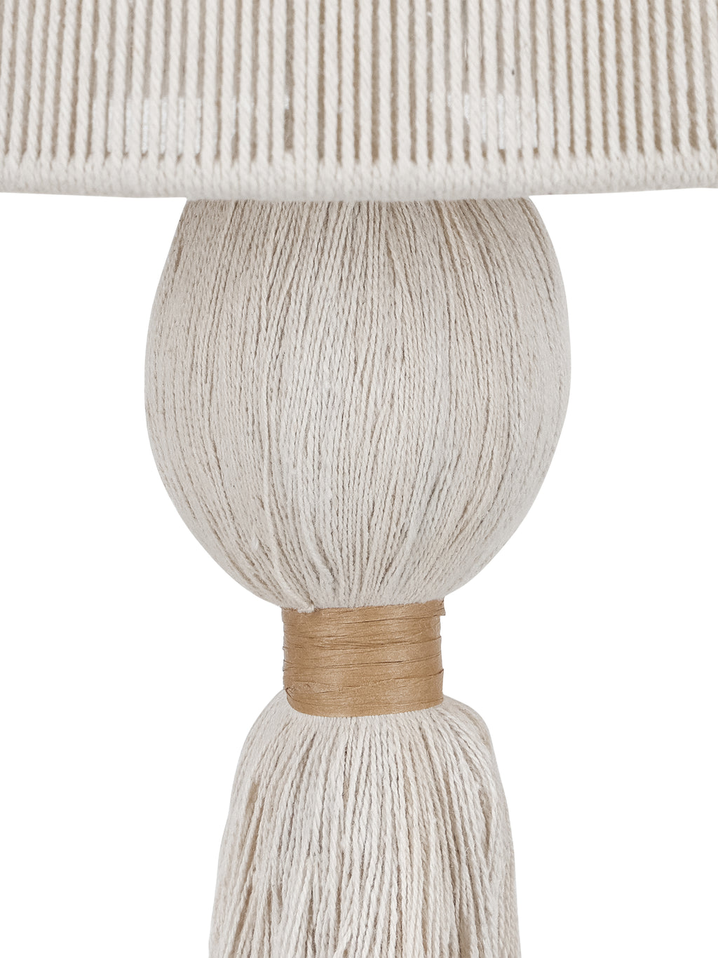 Close-up of cream rope covering the rounded stem beneath the corded shade, with tan binding at the top of the tassel.