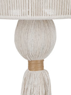 Close-up of cream rope covering the rounded stem beneath the corded shade, with tan binding at the top of the tassel.