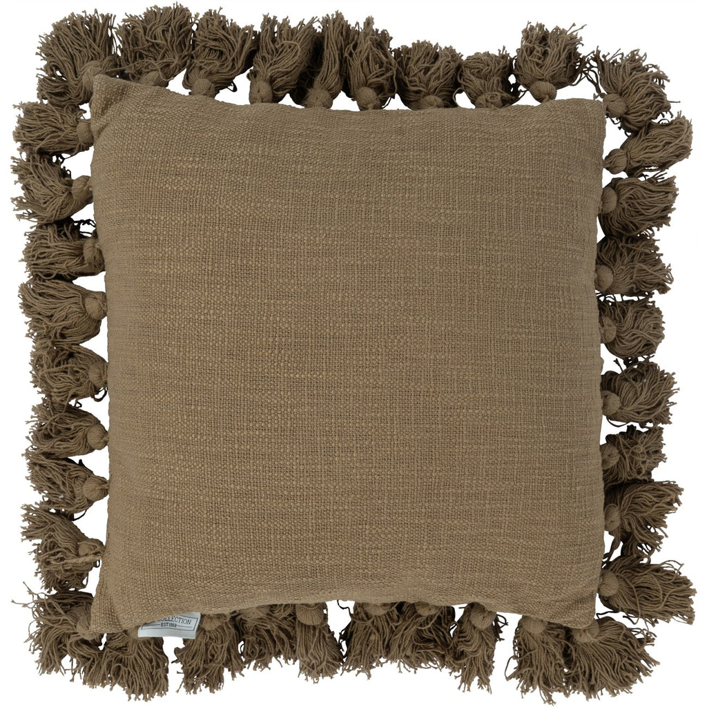 Front view of a square cushion with a muted green woven face and full tassels around all four edges.