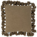 Front view of a square cushion with a muted green woven face and full tassels around all four edges.
