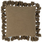 Front view of a square cushion with a muted green woven face and full tassels around all four edges.