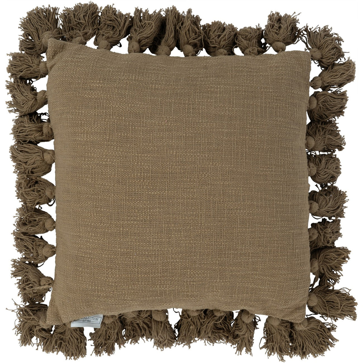 Front view of a square cushion with a muted green woven face and full tassels around all four edges.