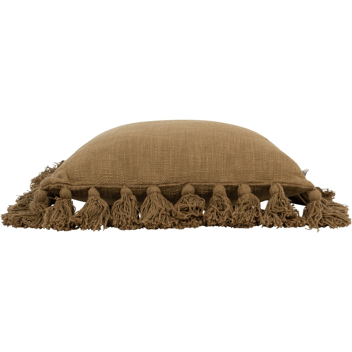 Low side view of the filled woven cushion, showing its rounded profile and tassels resting along the edge.