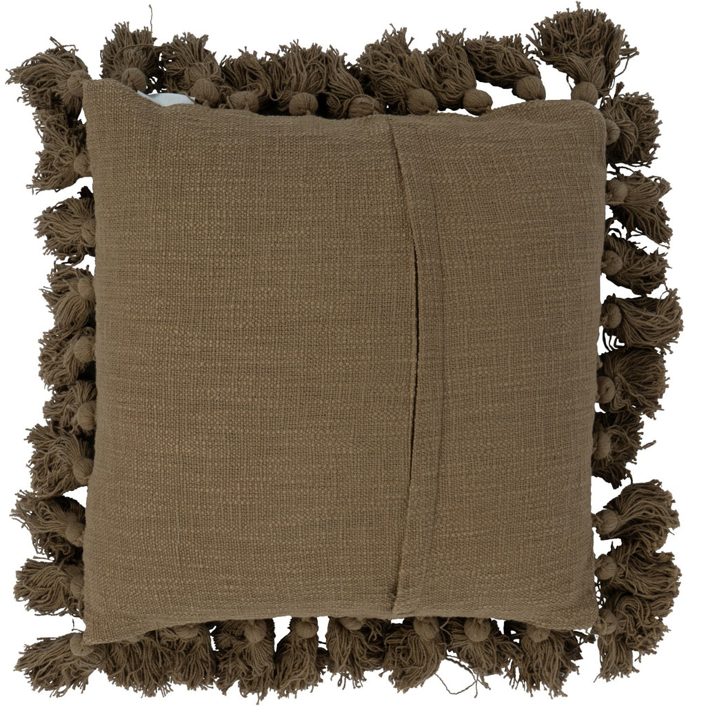 Back view of the square woven cushion with an overlapping fabric panel and tasselled border.