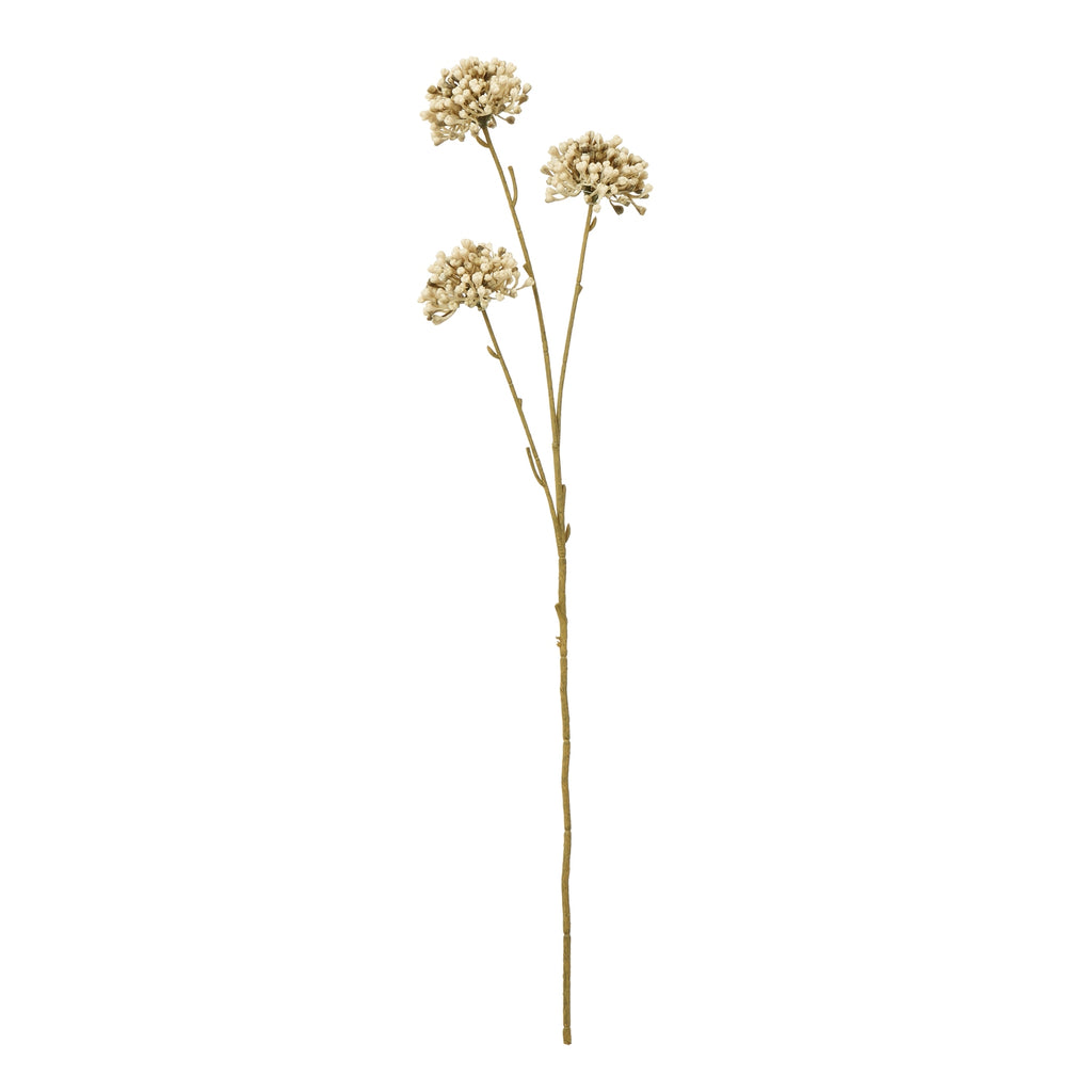 Full-length artificial botanical spray with three cream and tan rounded clusters on a slender brown-green branching stem against white.