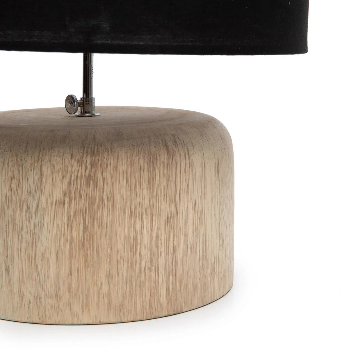 Teak Wood Table Lamp Base – Natural – teak-wood base close-up beneath a black shade