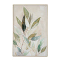Front view of a tall framed botanical artwork with long cream, teal and muted green leaves on fine brown branches against a pale background.