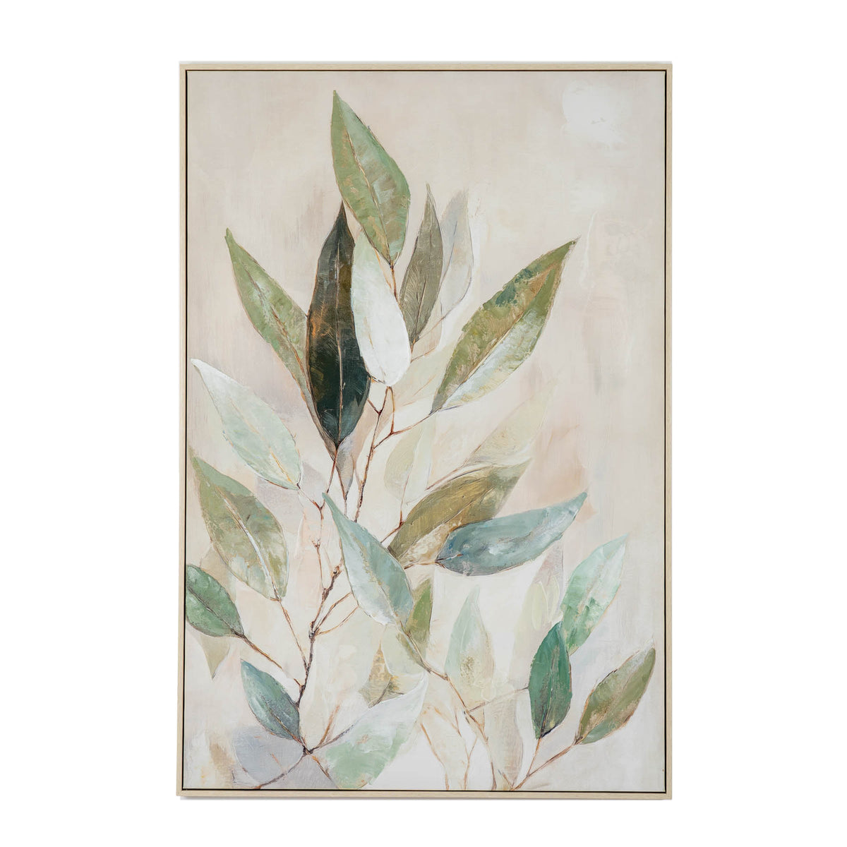 Front view of a tall framed botanical artwork with long cream, teal and muted green leaves on fine brown branches against a pale background.