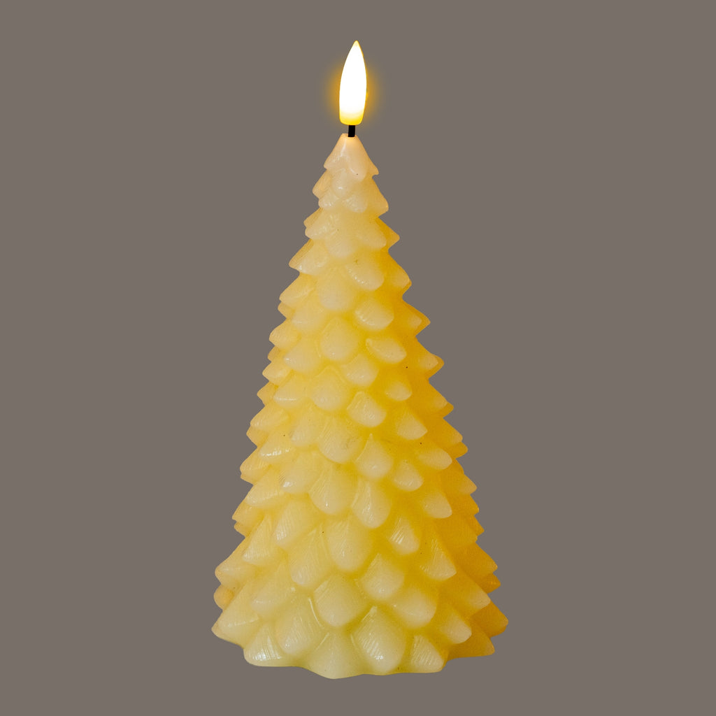 Tree-shaped LED candle photographed with a bright yellow-white flame-shaped tip against grey, showing its layered cream branch scales.