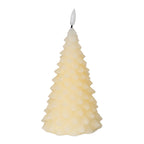 Cream tree-shaped LED candle against white, with overlapping teardrop branch scales and a white flame-shaped tip.