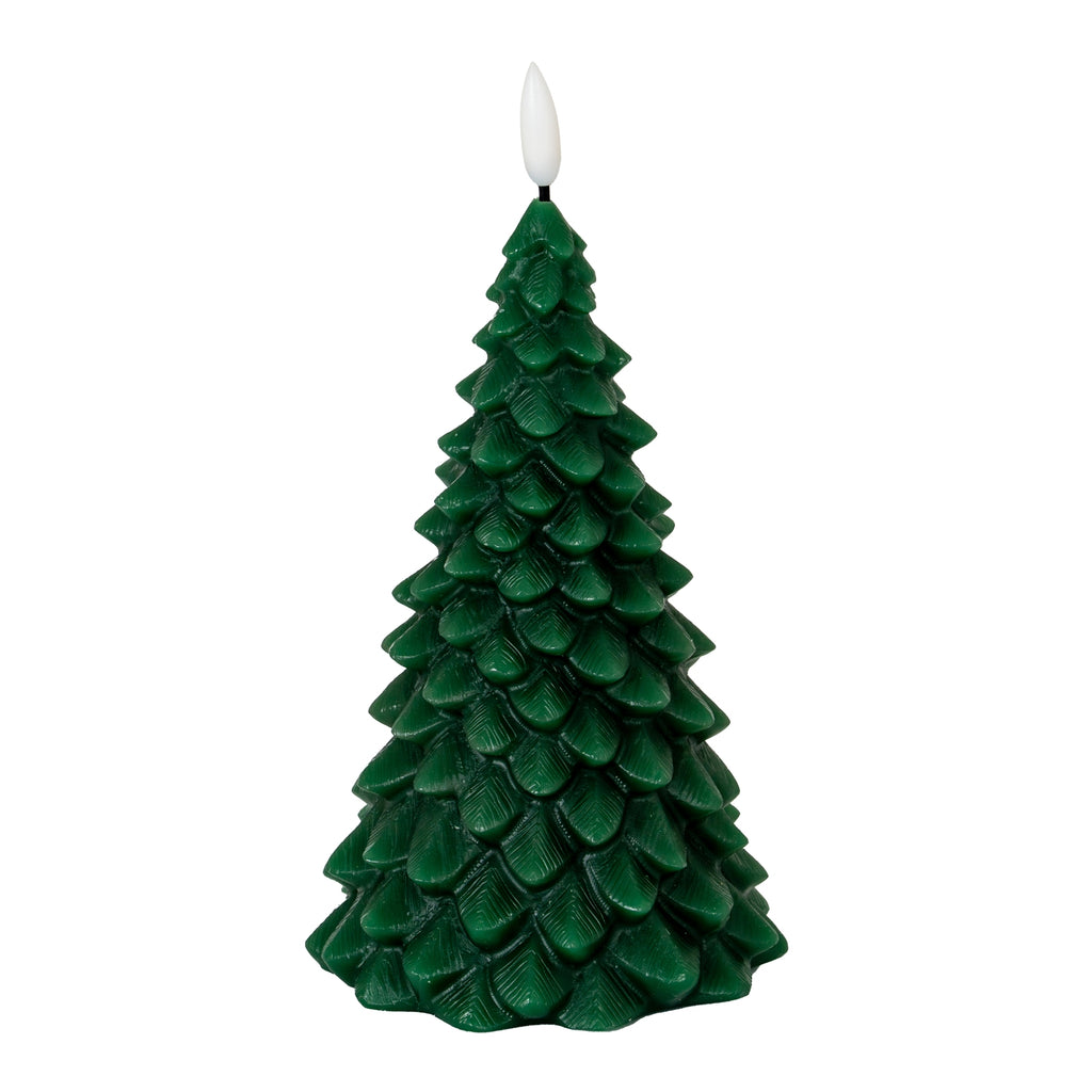 Dark-green tree-form LED candle on a white background, with overlapping grooved branch scales and a white flame-shaped tip.
