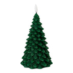Dark-green tree-form LED candle on a white background, with overlapping grooved branch scales and a white flame-shaped tip.