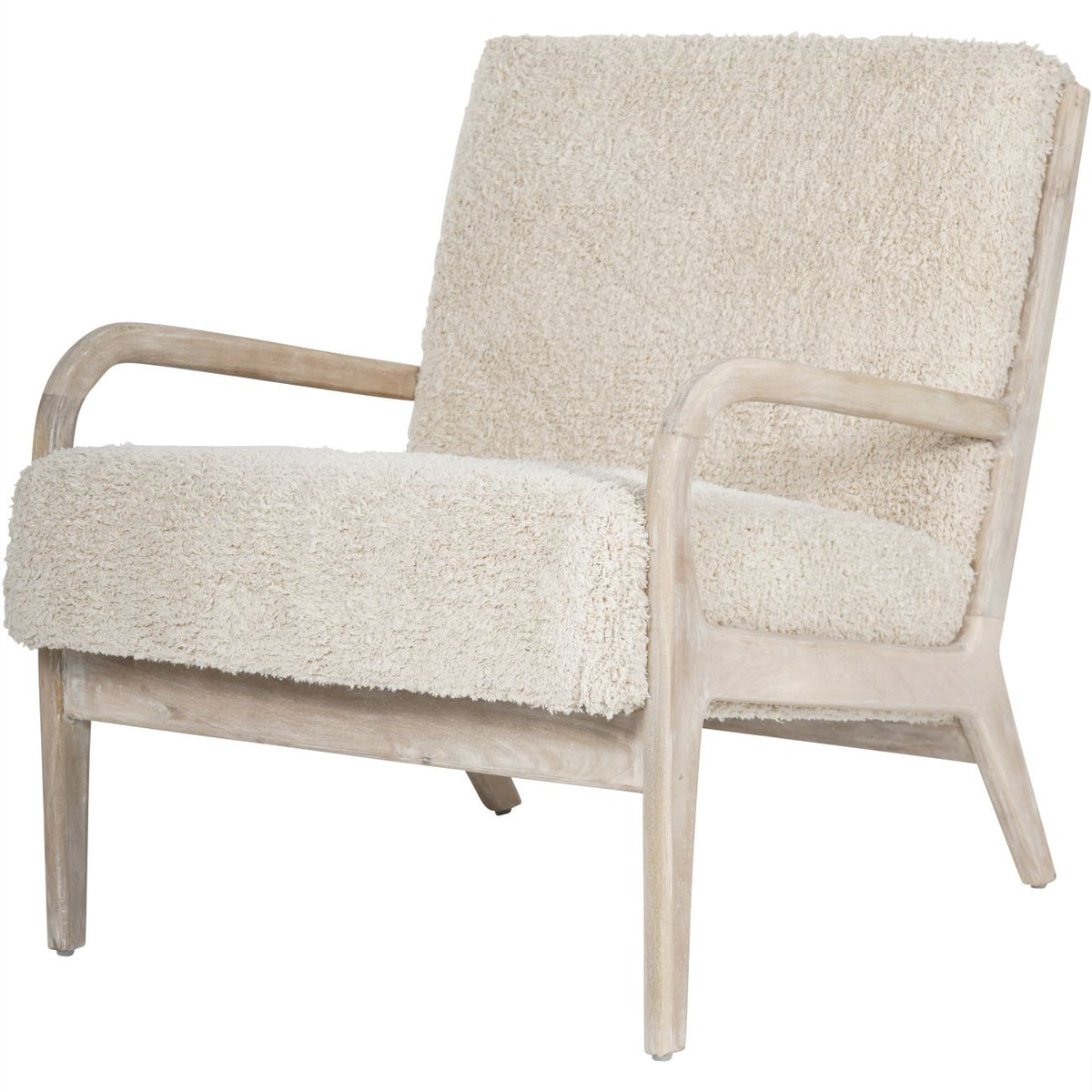 Front three-quarter view of the Teddy chair with pale textured upholstery and curved whitewashed wooden arms.