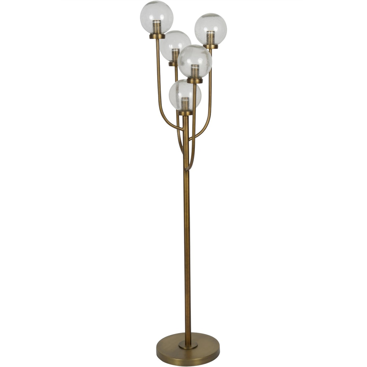 Full view of the Tellurian Floor Lamp with five clear glass globes on curved antique brass-finished arms and a round base.