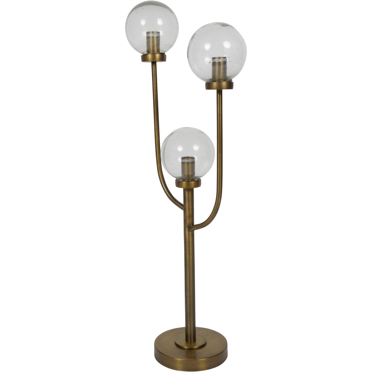 Angled view of the table lamp showing the offset glass globes, slender arms and circular metal base.