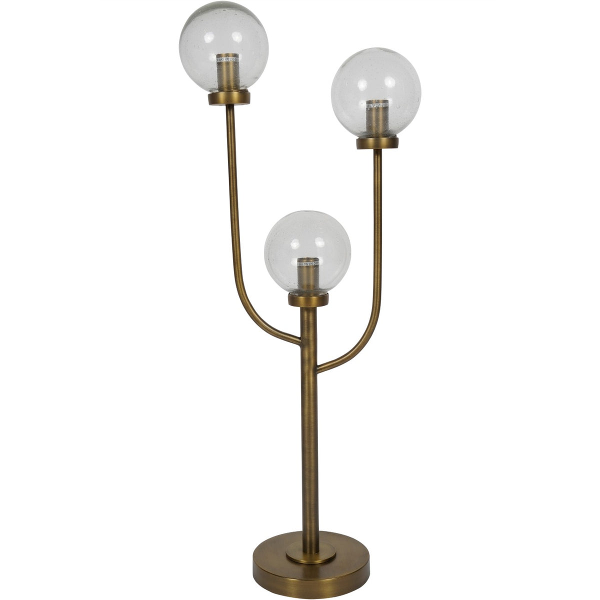 Tellurian table lamp with three clear glass globes at different heights, curved antique brass arms and a round base.