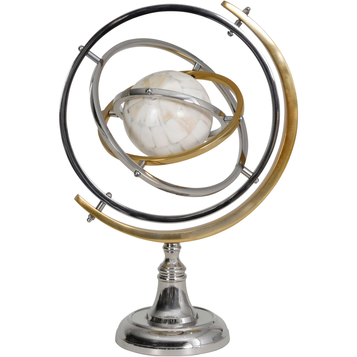 Front view of the Tellurion Sculpture with a pale segmented globe, gold, silver and dark rings, and a circular silver pedestal.