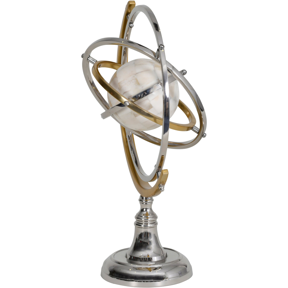 Angled side view showing the depth of the intersecting rings around the pale globe and the reflective pedestal beneath.
