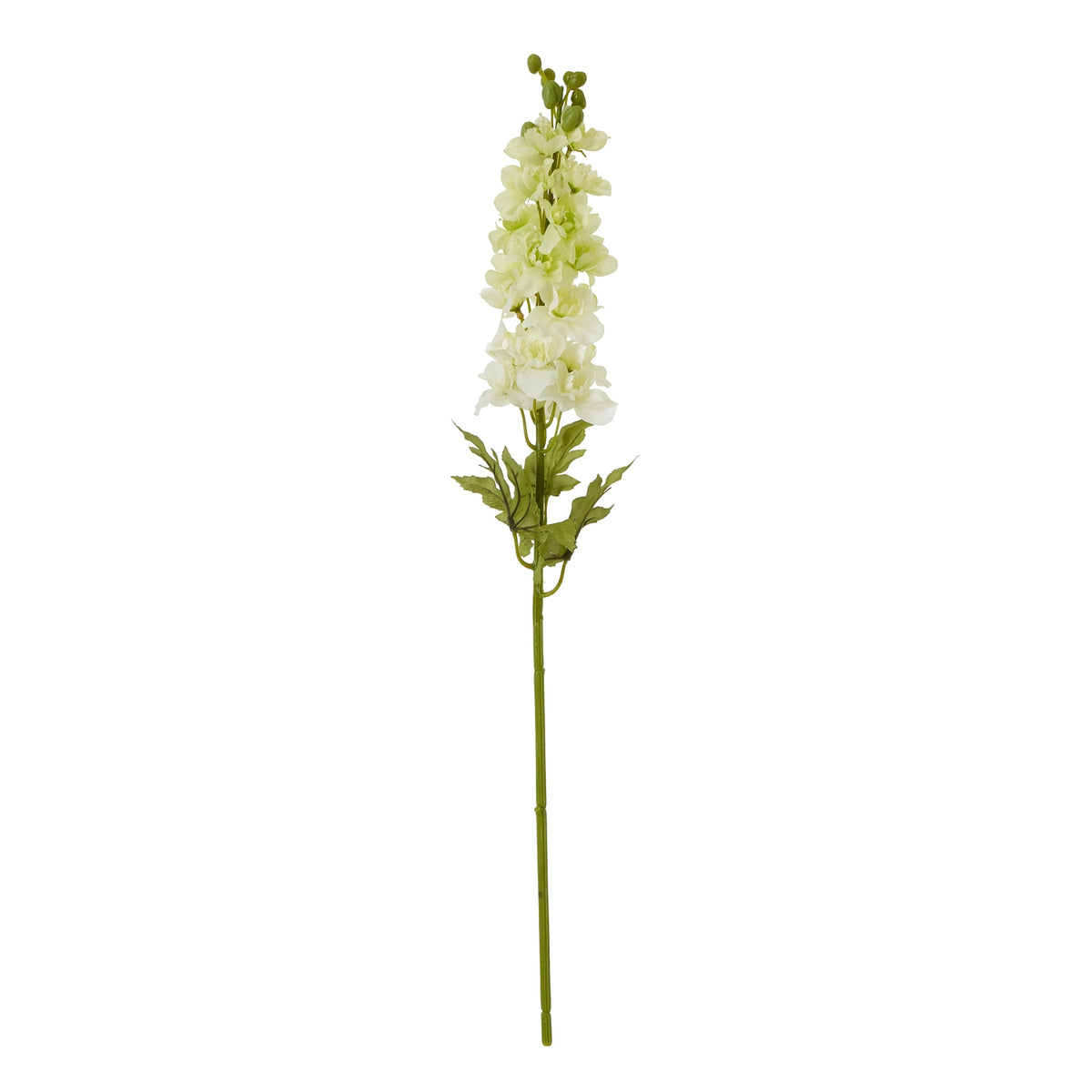 Full view of a cream artificial flower stem with a long green stalk, lobed leaves and a tapering flower spike topped by oval green buds.