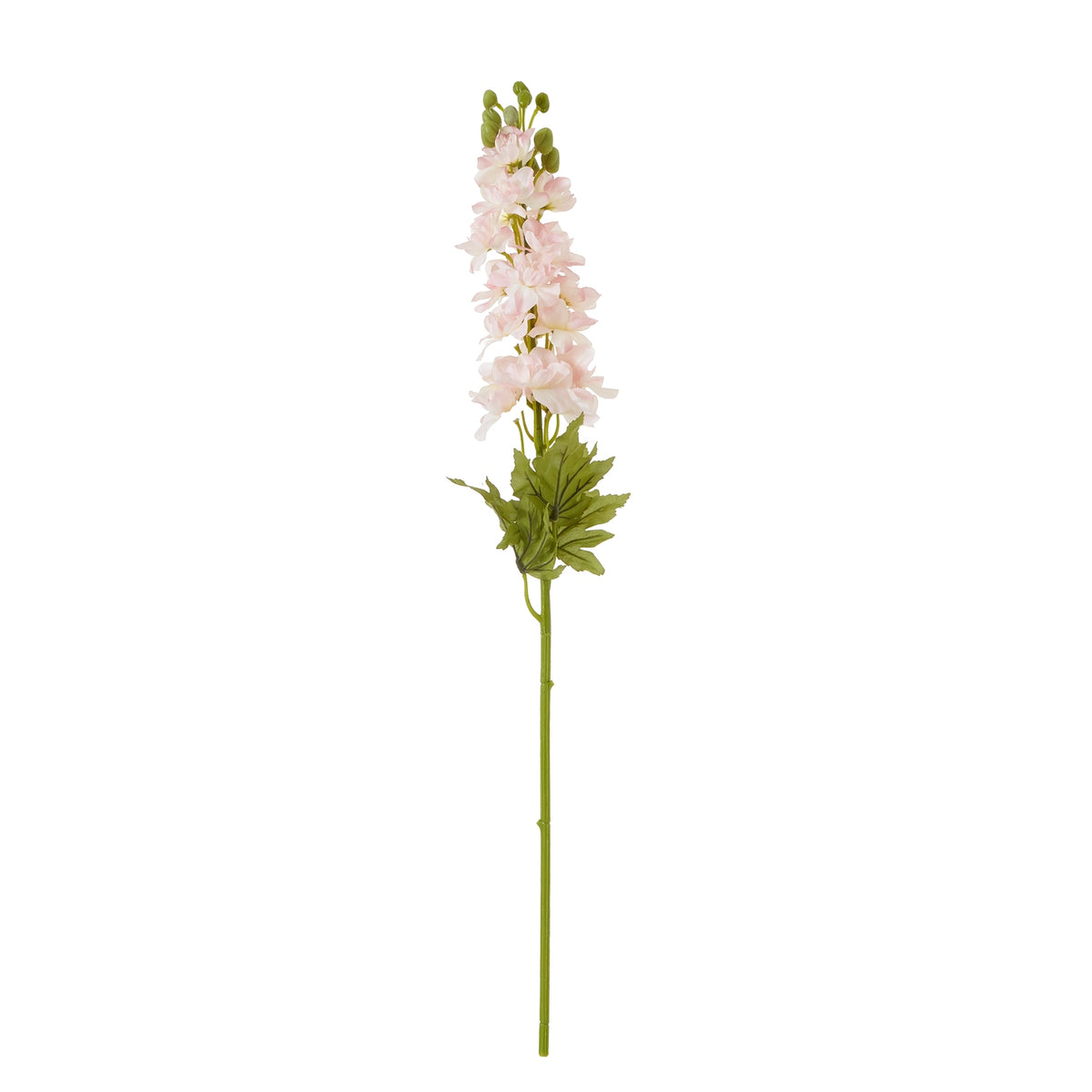 Full view of a pale pink artificial flower stem with a long green stalk, deeply lobed leaves and green buds at the tip, against white.