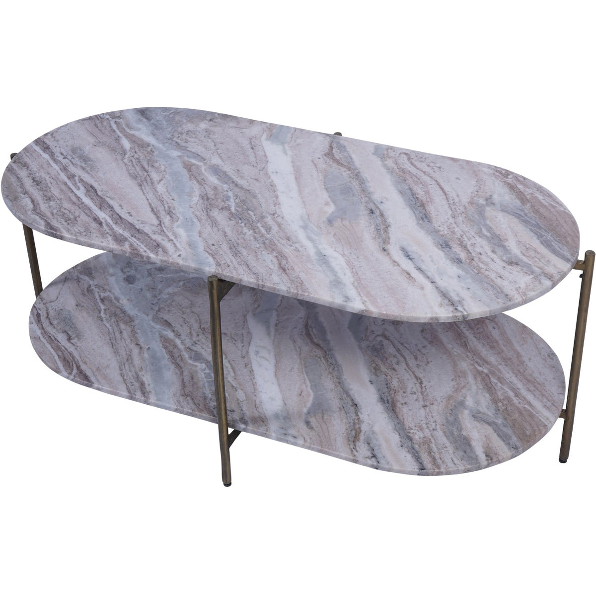 Elevated view showing broad diagonal veining across the elongated marble top and matching lower shelf.