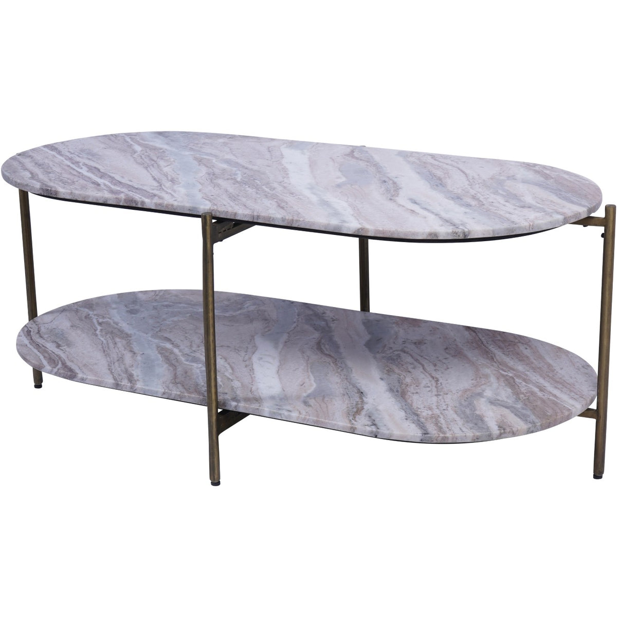 Angled view of the Terrace Coffee Table with two veined marble levels, rounded ends and slender brass-coloured uprights.