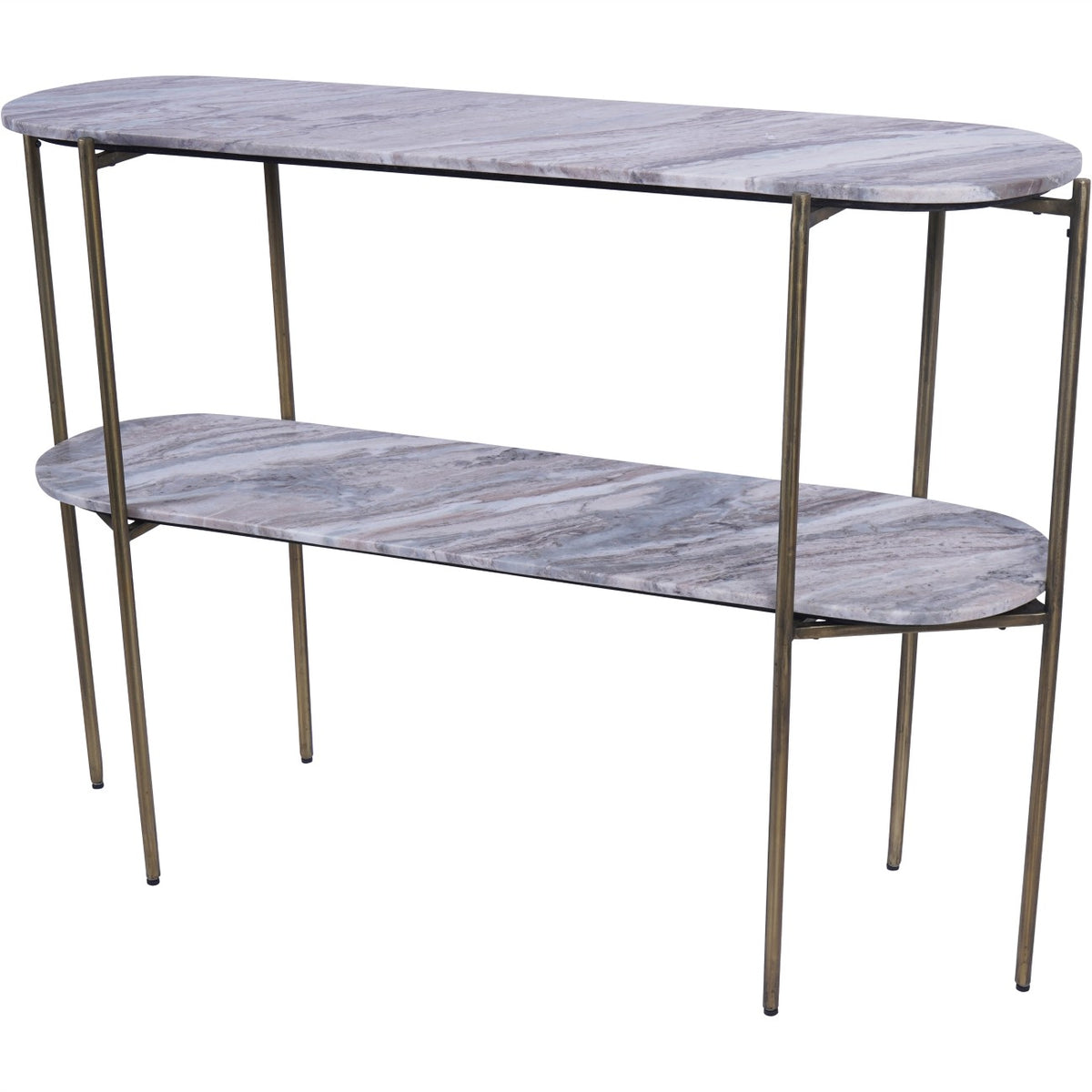 Angled view of the Terrace Console Table with rounded stone surfaces, a lower shelf and slender brass-coloured supports.