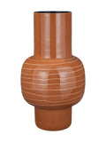 Glossy terracotta vase with a tall cylindrical neck, broad rounded body marked with fine pale horizontal stripes, and a short cylindrical base, against a white background.