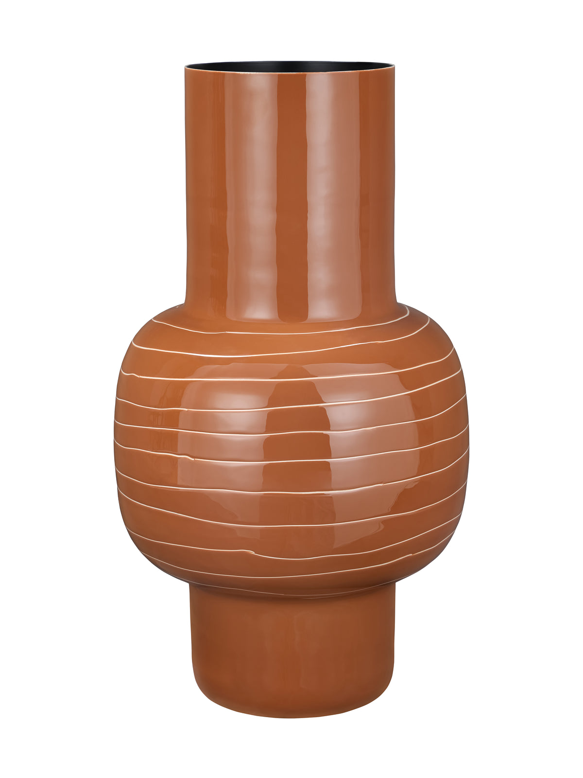 Glossy terracotta vase with a tall cylindrical neck, broad rounded body marked with fine pale horizontal stripes, and a short cylindrical base, against a white background.