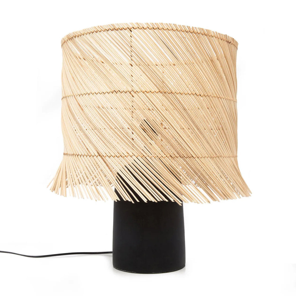 Terracotta Table Lamp Base – Black – complete lamp view with a natural shade on a white background