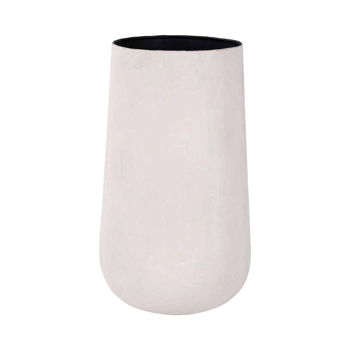 Tall cream Terrane planter viewed from the front, with a rounded lower body and dark-edged opening.