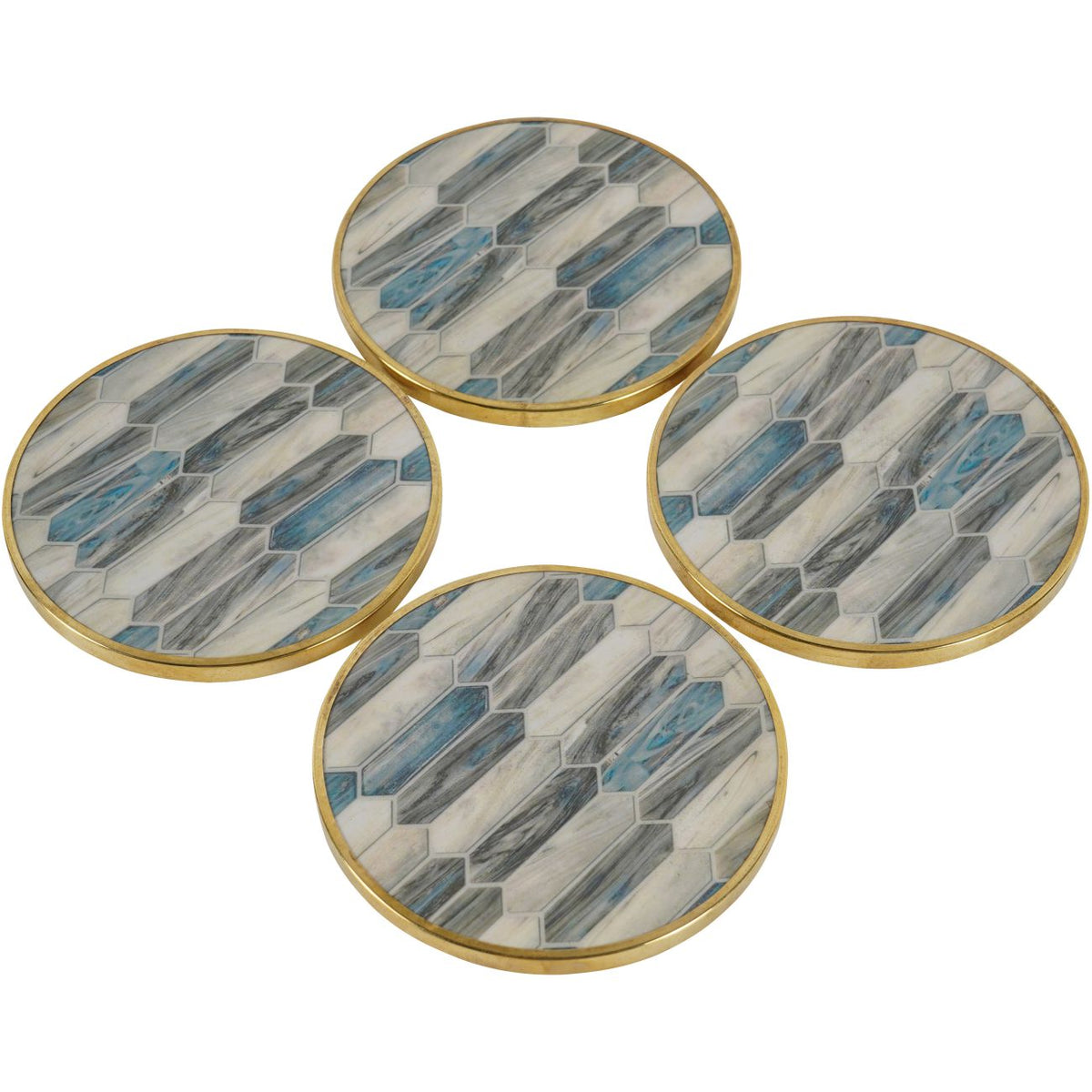 Four round coasters spread apart at an angle, with diagonal mosaic patterns and slim gold-toned rims.