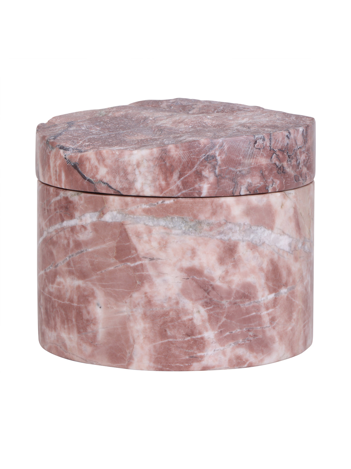 Closed cylindrical pink marble storage jar with pale veining and a rough textured lid on a white background.