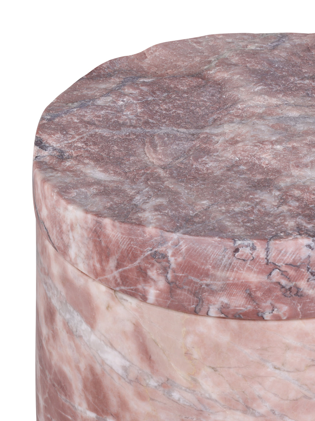 Close-up of the jar's uneven pink marble lid, dark and pale veins, and the seam above the smooth body.