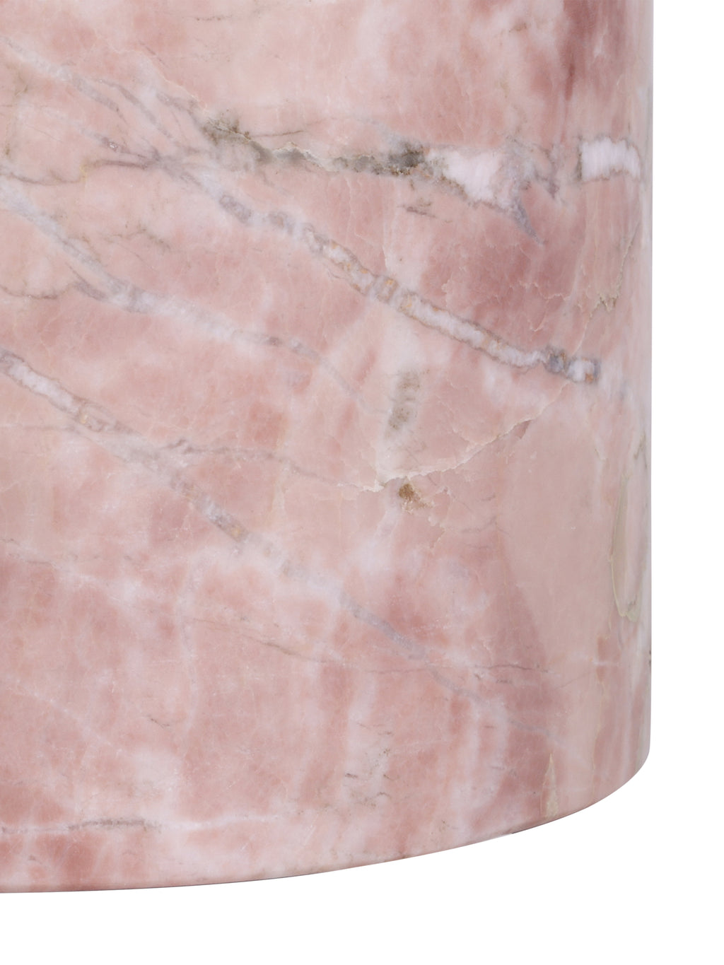 Close-up of the curved pink marble jar body showing pale bands and fine grey veining.