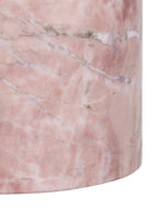 Close-up of the curved pink marble jar body showing pale bands and fine grey veining.