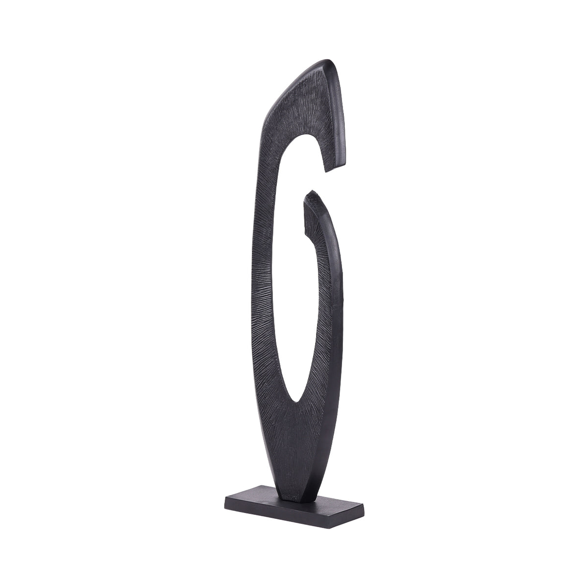Angled view of the black Arc Sculpture, showing its open oval form, hooked top and rectangular plinth.