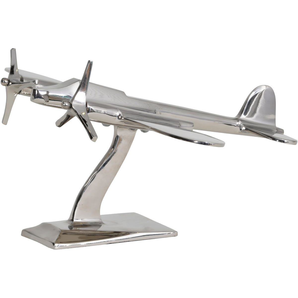Three-quarter view of the silver aircraft sculpture, with twin propellers, broad wings and a curved support on a rectangular plinth.