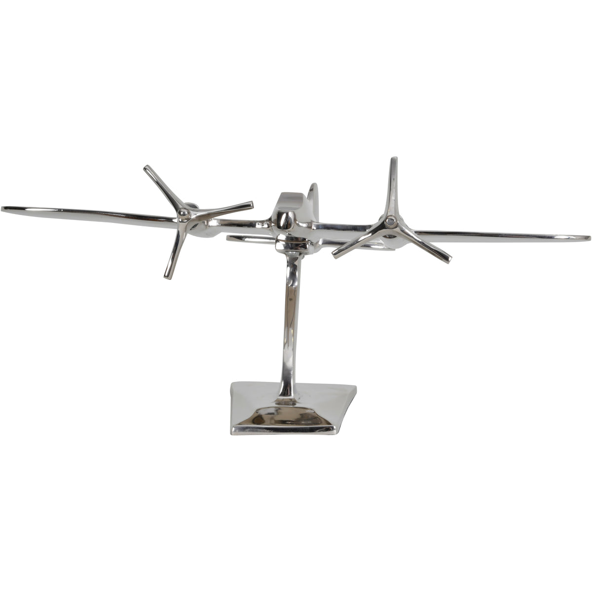 Front view of the aircraft sculpture showing its wide wingspan, two three-bladed propellers and raised stand.