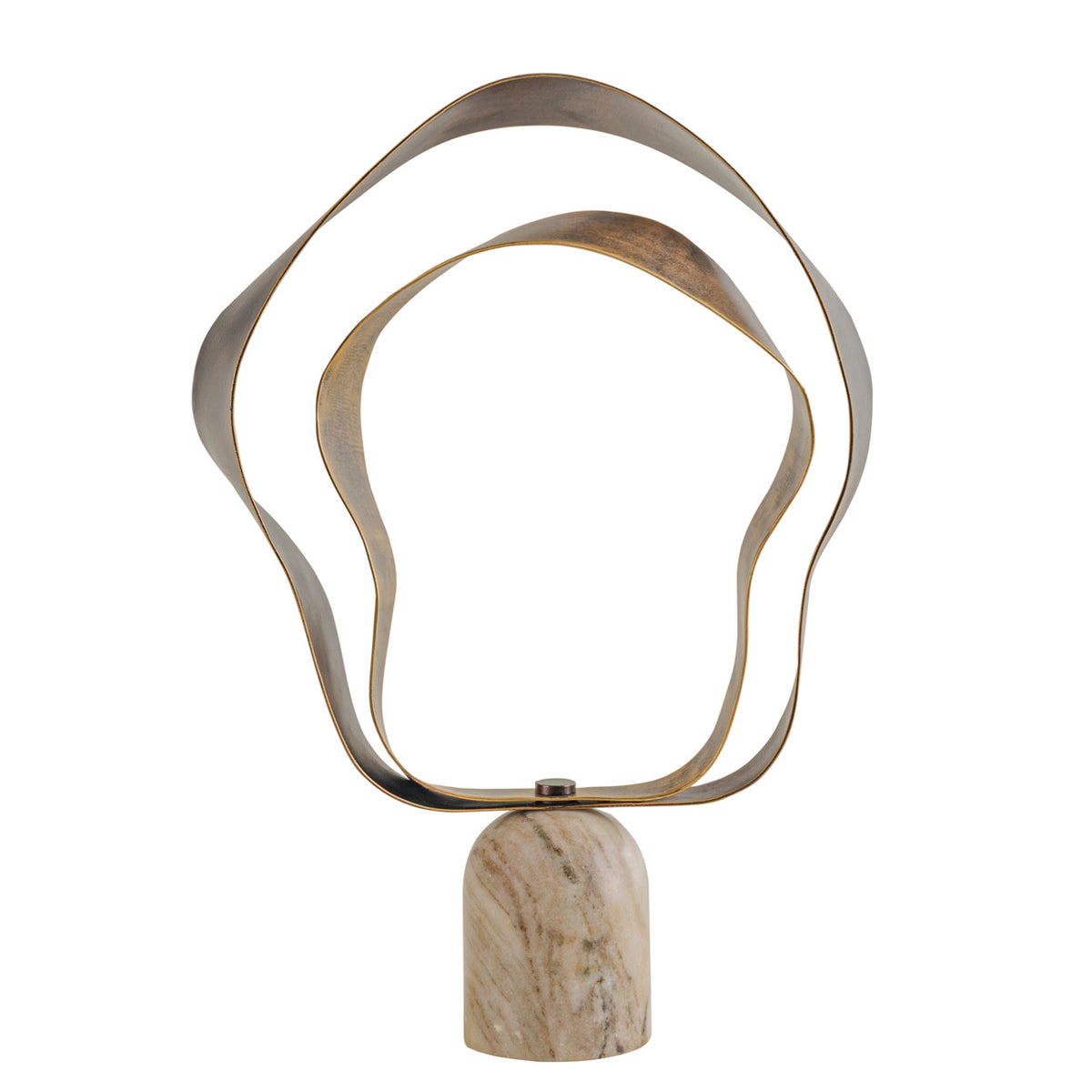 Front view of the Balance Sculpture, with two irregular smoke-gold ribbon loops above a rounded cream marble base.