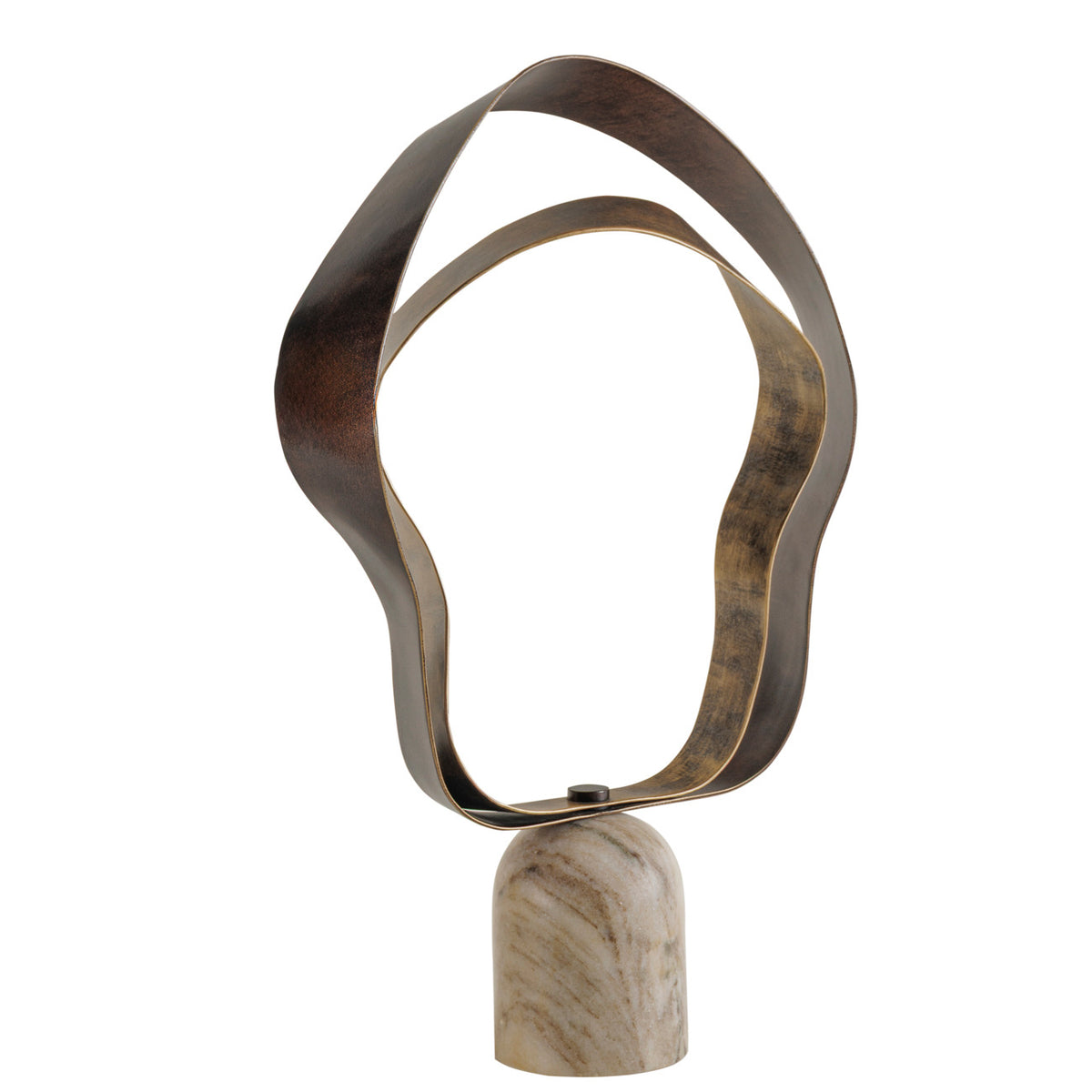 Angled view showing the depth and twisting faces of the two ribbon loops and the veined marble base.
