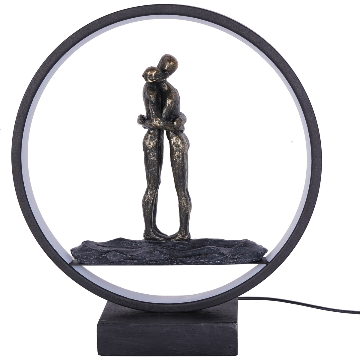 Front view of The Bond Sculpture, with two embracing bronze-toned figures inside a black circular light frame on a rectangular base.
