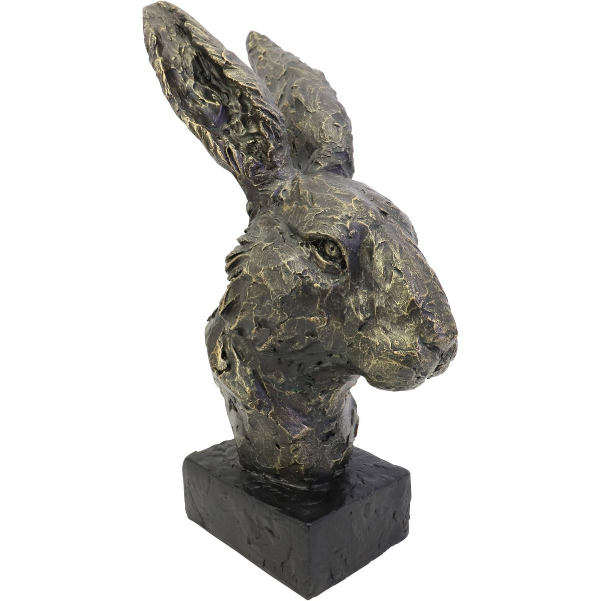 Rabbit head sculpture facing right, showing its defined eye, blunt muzzle and bronze-effect highlights.