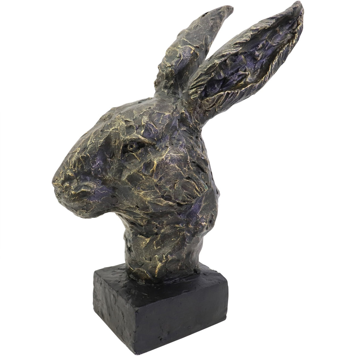 Three-quarter view of the textured rabbit head sculpture facing left on a dark square plinth.