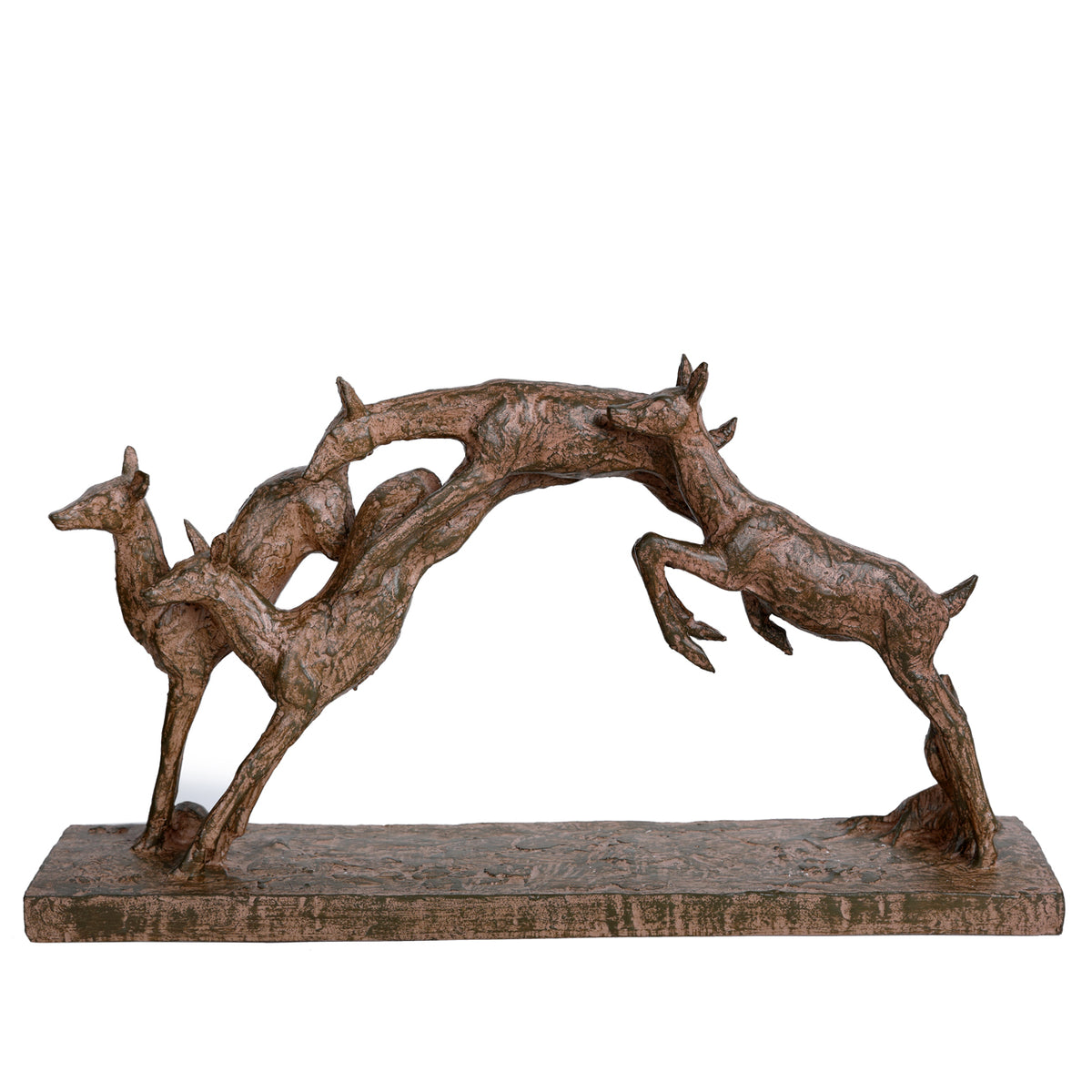 Side view of three brown leaping fawns forming an open arch above a long rectangular plinth.