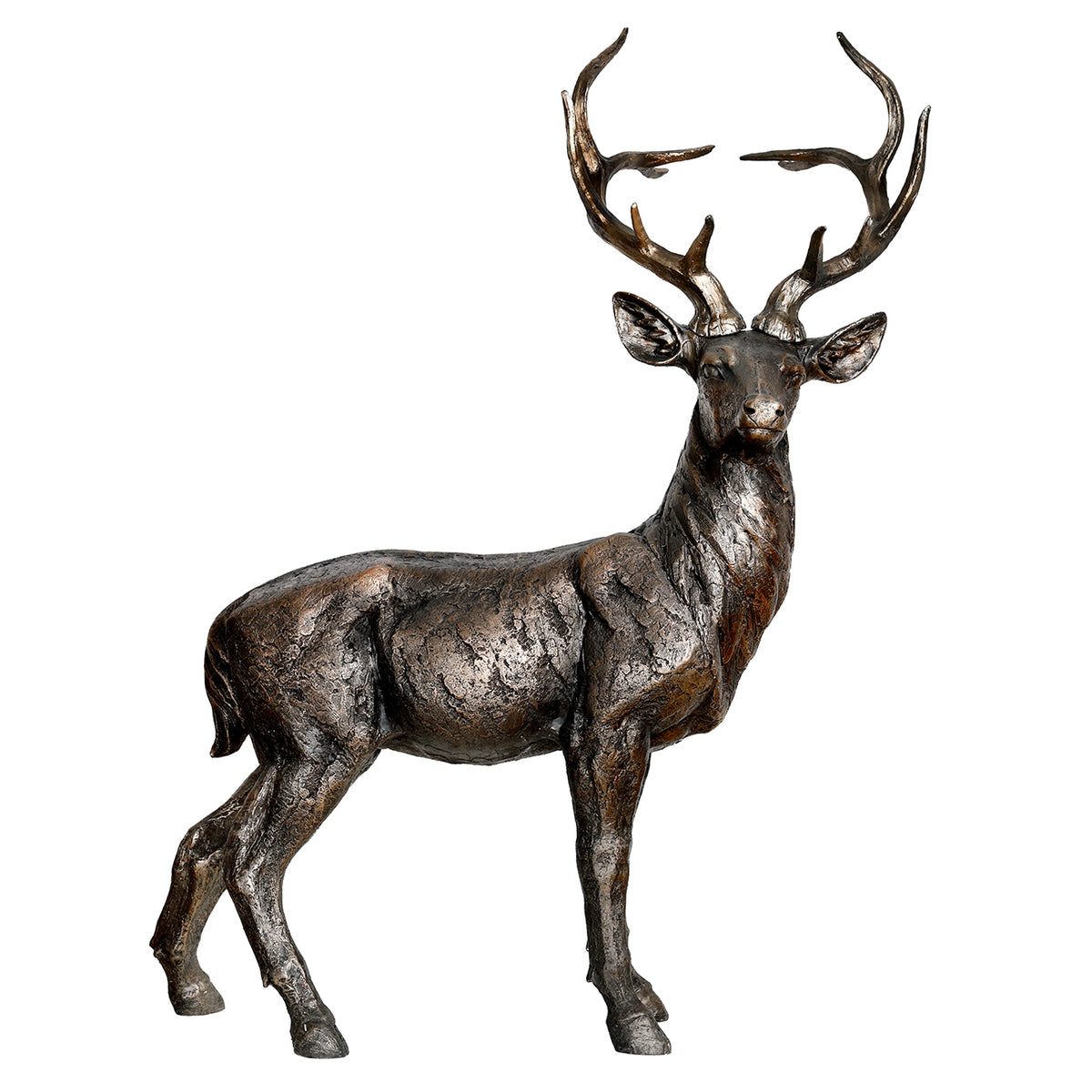 Full view of the bronze-coloured stag sculpture, with its body side-on, head turned towards the viewer and branching antlers raised.