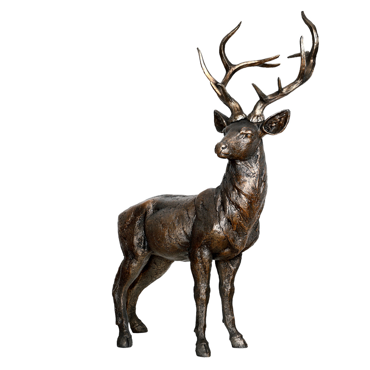 Front three-quarter view of the stag sculpture showing its upright chest, staggered legs and tall branching antlers.