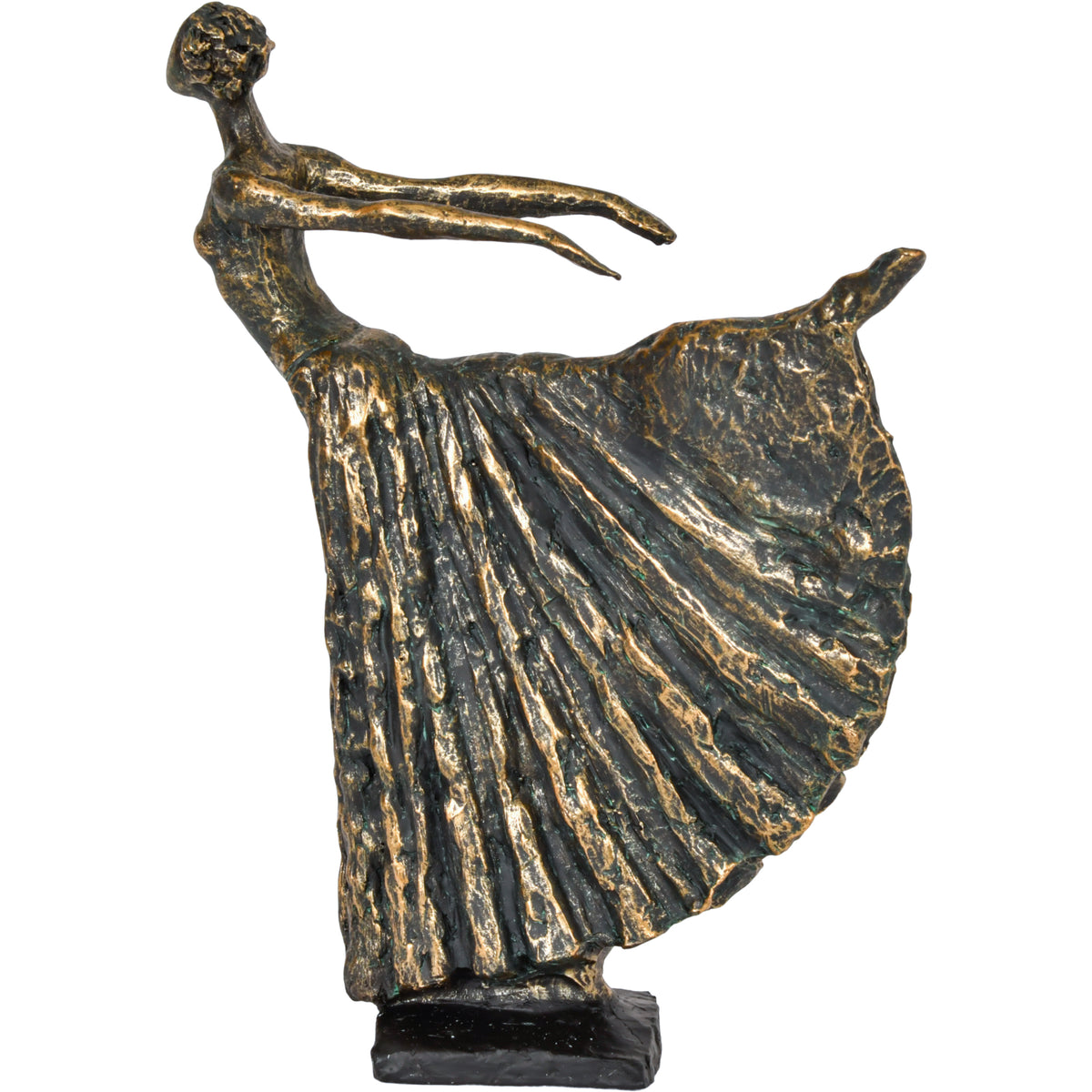 Side view of the bronze-effect dancer sculpture with both arms extended, a raised leg and deeply folded skirt above a dark plinth.