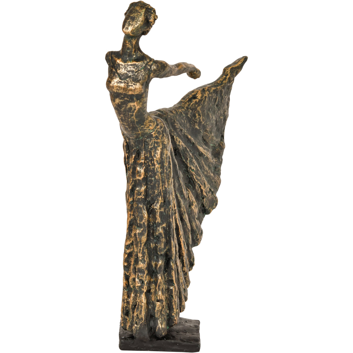 Angled front view of the dancer sculpture showing the tilted head, fitted bodice and skirt sweeping upwards behind the figure.