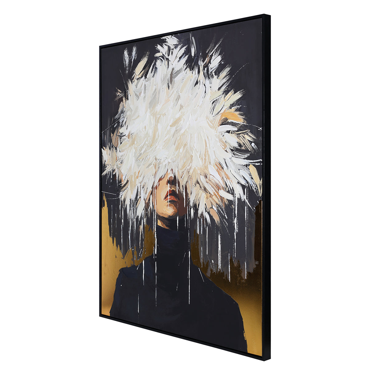 Angled view of The Veiled Figure wall art showing the depth of the narrow black frame and reflective gold areas.